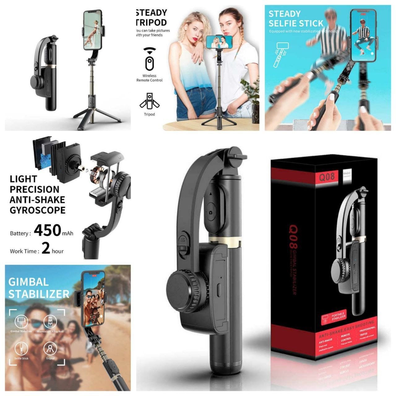 Wifton Q08 1-axis Gimbal Stabilizer 3-in-1 Extendable Seflie Stick Tripod-IVXI Single Gimbal for Mobile, Camera (450)